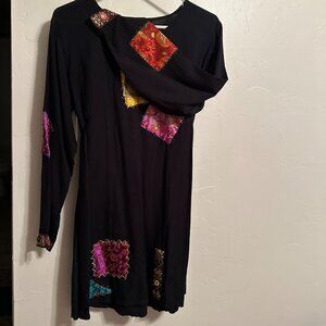Sacred Threads Black Patchwork Long Sleeve Tunic NWT Rayon Art to Wear Size S/M